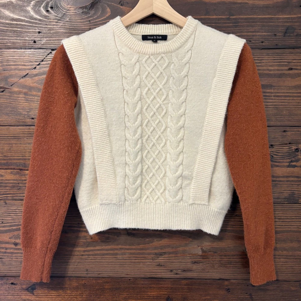 Strut & Bolt Cable Knit Sweater Women's M Cream Rust Colorblock Cabin Fall Boho